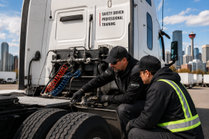 Air brake pre-trip inspection training at Wild Rose Academy, Calgary
